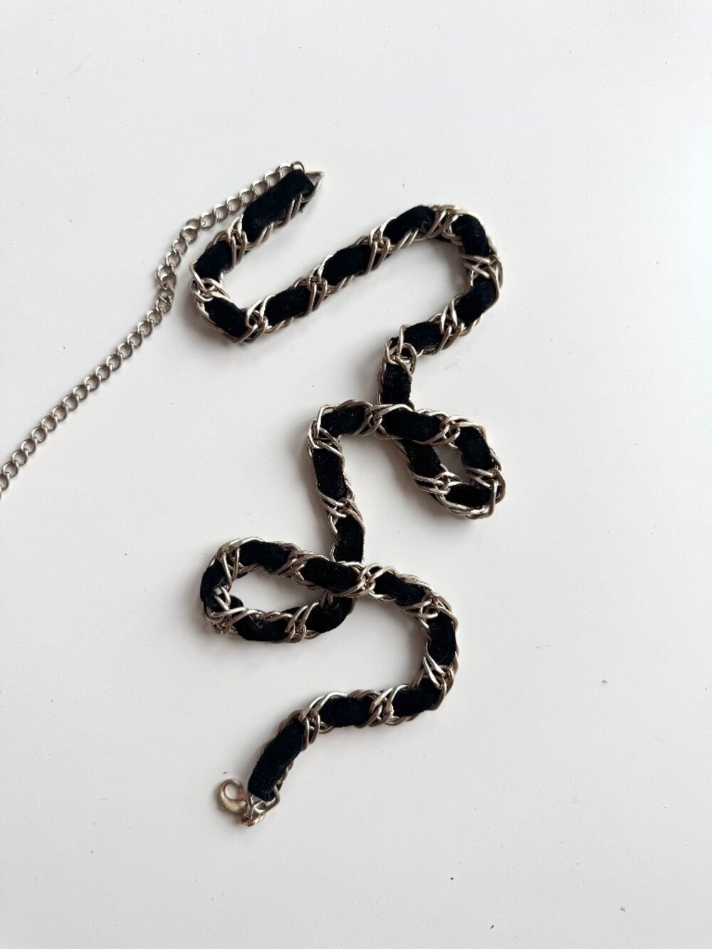 MEXX Black Velvet Silver Tone Woven Chain Link Belt, One Size